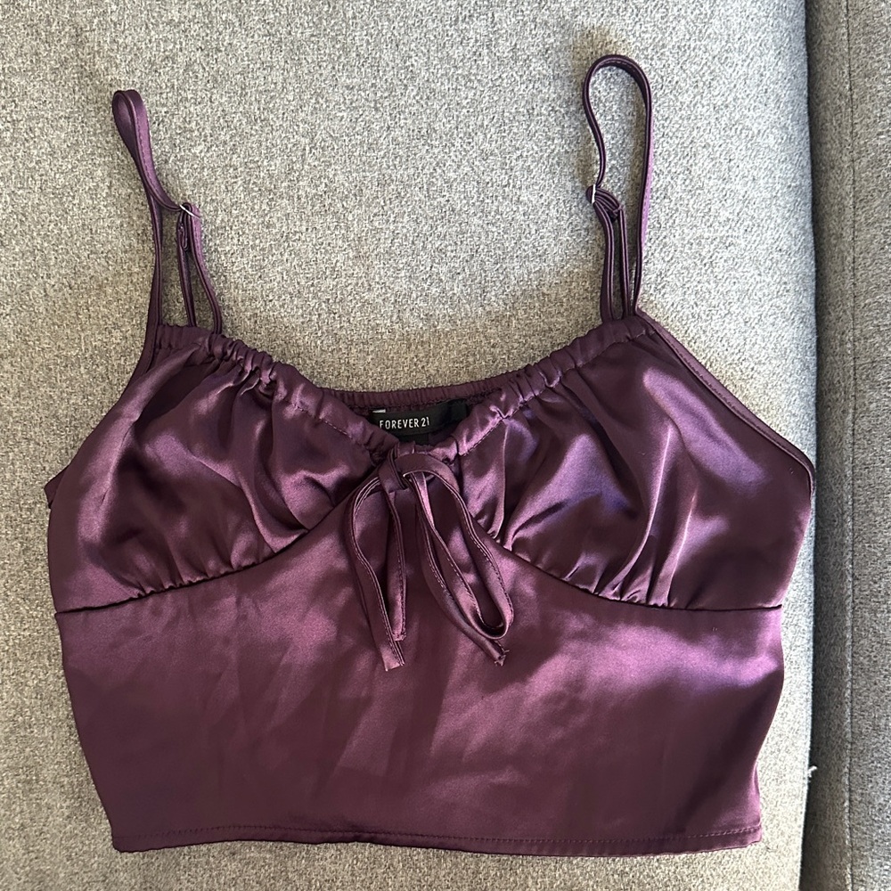 Forever 21 Deep Purple Satin tie front crop top women size small